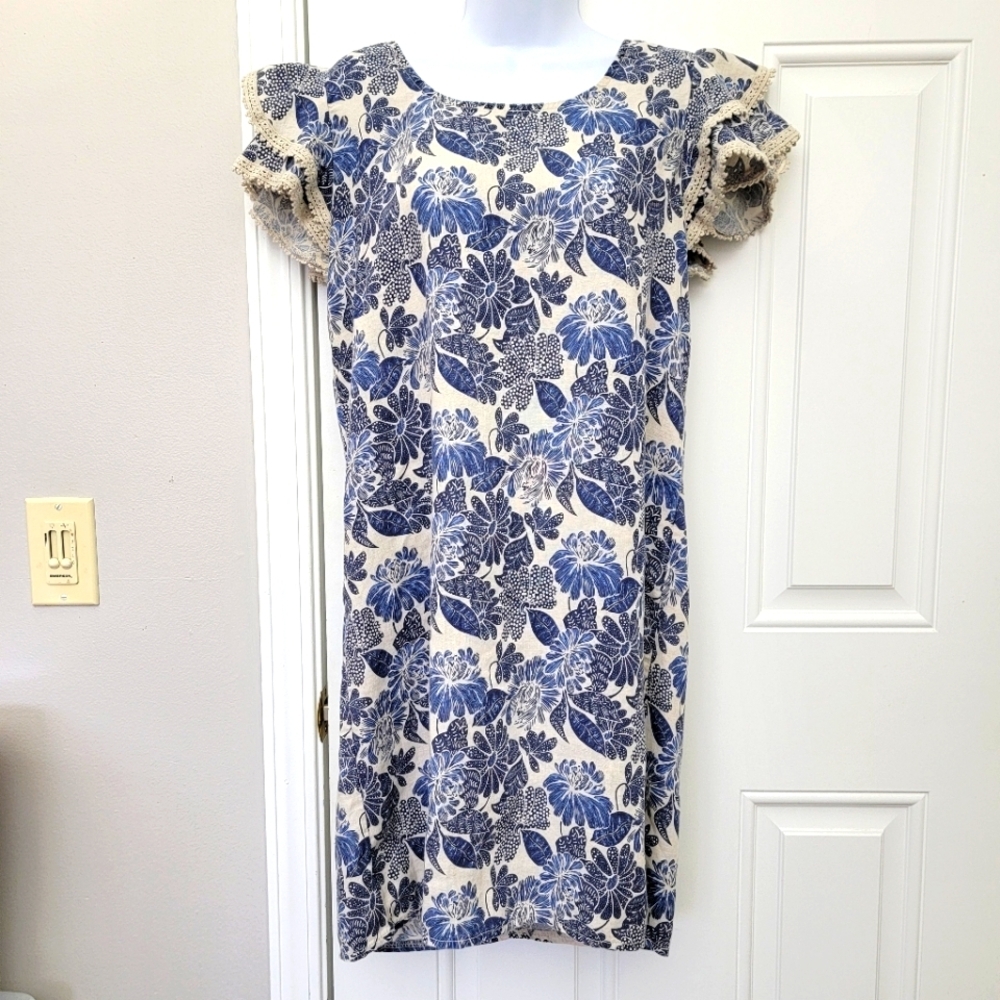 Luisa Perla Made In Italy Crochet Trim Flutter Sleeve Blue Tan Linen Dress Small